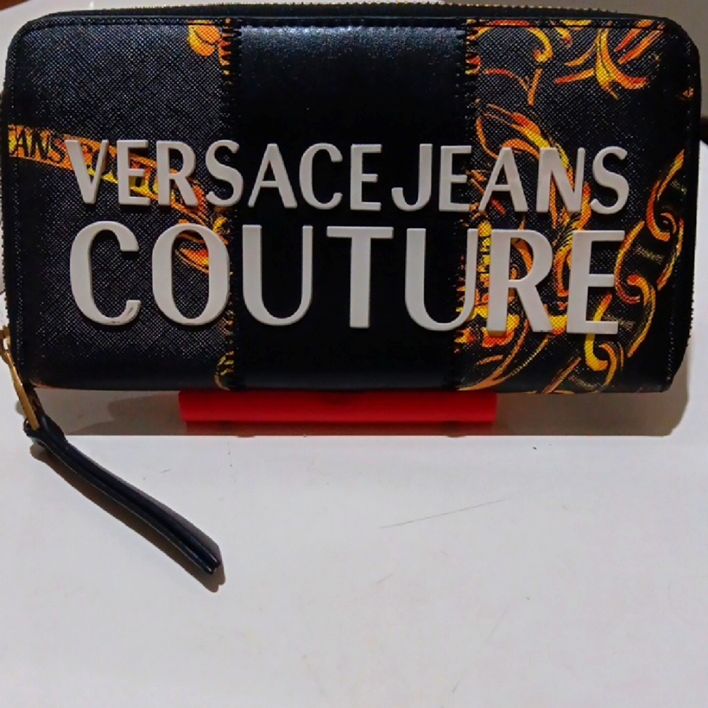 Versace Jeans Couture Long Leather Zip Around Wallet Signature Embossed 3D EUC